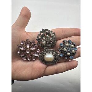 Lot of 4 Vintage Brooches Pink Blue Clear Rhinestone Faux Pearl Silver Gold Tone